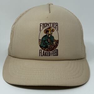 Vintage 80s Frontier Flaked Feed Trucker Hat Baseball Cap Farmer Beige Snapback